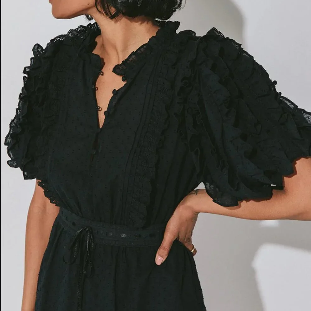 Cleobella Brigitte Midi Ruffled Bubble Sleeve Smocked Tiered Dress Black, Medium - Picture 2 of 9
